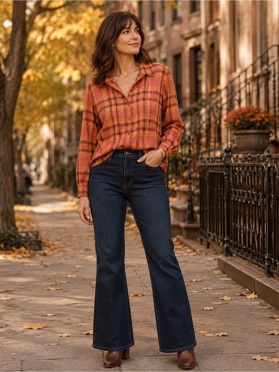 Coldwater Creek Tops - Coldwater Creek Plaid Pintuck Button Down Blouse Large 100% Cotton Fall Boho